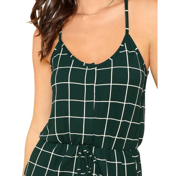🟩 Dark Green Plaid Jumpsuit Playsuit Grid Pattern Geometric Stripe Cut Out Back - Picture 6 of 12